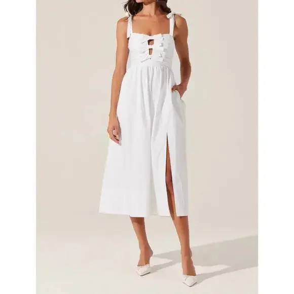 knee length dresses for ladies ASTR Bow Front Midi Dress In White Helia